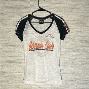 Y2K Harley-Davidson White & Black Distressed V-Neck “Screaming Eagle”, M (209)